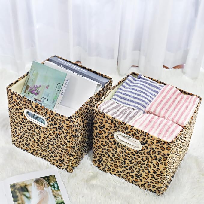 ANMINY Leopard Cheetah Print Storage Cubes Bins, Velvet, Brown, 11Inch 2PCS | Collapsible & Washable, PP Board Frame, Built-in Metal Handles, Animal Themed Fabric Cubes Baskets for Closet Shelves Decor - Image 5