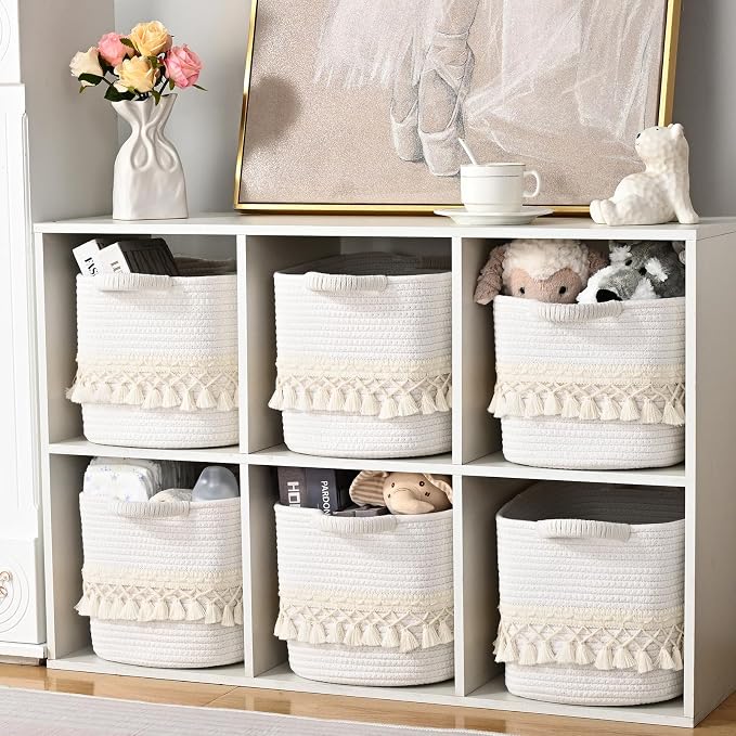 2 Pack Storage Basket for Shelves, Boho Cotton Rope Storage Bins with Heavy Tassel, Shelf Baskets Large Woven Baskets for Organizing, Cube Organizer Bins, Baby Laundry Basket for Clothes, Toys, Pets - Image 5