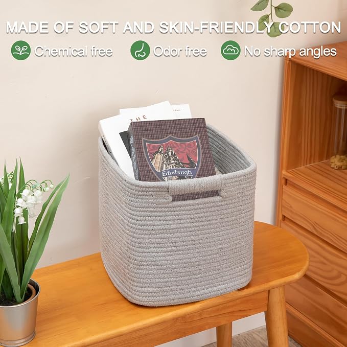 OIAHOMY Storage Cubes 11 Inch Bins-3-Pack, Cotton Rope Woven Baskets for Organizing, Square Storage Baskets for Shelves, Classroom, Kids Toy Bins, Closet, Baby Nursery-Grey - Image 5