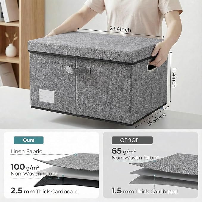 Storage Bins with Lids [3-Pack] Linen Fabric Foldable Storage Boxes Organizer Containers Baskets Cube with Cover for Bedroom Closet Office Grey(23.4X15.9X11.4) - Image 3