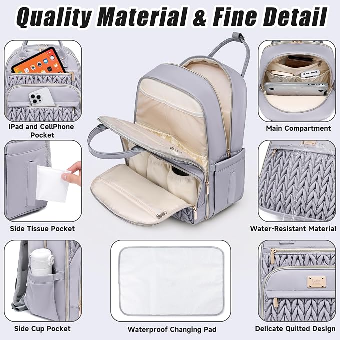 Tealari Diaper Bag Backpack,Stylish Baby Diaper Bag,Waterproof Travel Diaper Backpacks Baby Bags with Changing Pad,Stroller Straps,Insulated Pockets (Gray) - Image 5