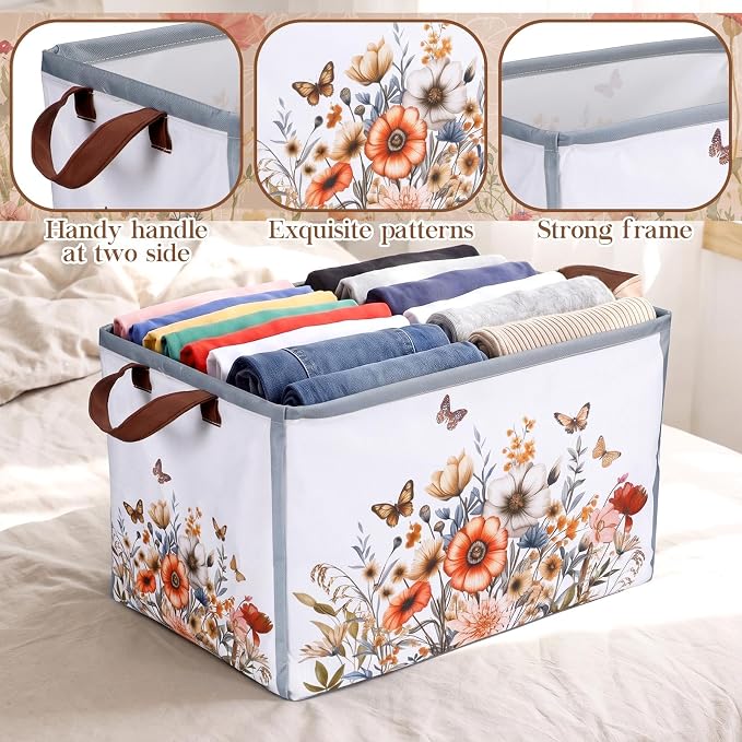 Fourluoo 6 Pack Floral Storage Basket with Handles Clothes Storage Basket Bin Foldable Box Bins Organizer for Closet Shelf Nursery Kid Room Book Toy Chest(6, Fall Flowers) - Image 5