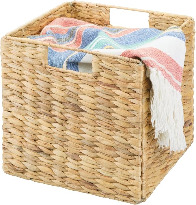 mDesign Natural Woven Hyacinth Cube Organizer Basket with Handles, Storage for Bathroom, Laundry Room Shelf or Nursery - Perfect for Cubby Storage Units - Hold Blankets and Books - 4 Pack, Natural/Tan - Image 8