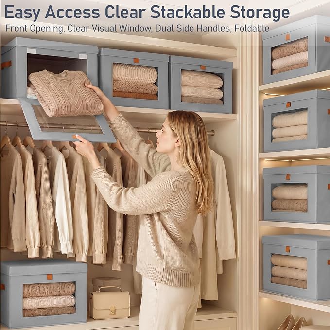 DIMJ Storage Bins with Lids - 6 Pack Front Opening Stackable Fabric Storage Boxes with Clear Window & Handles, Collapsible Closet Organizers for Clothes, Sweaters, Shelf Storage, Bedroom, Gray - Image 2