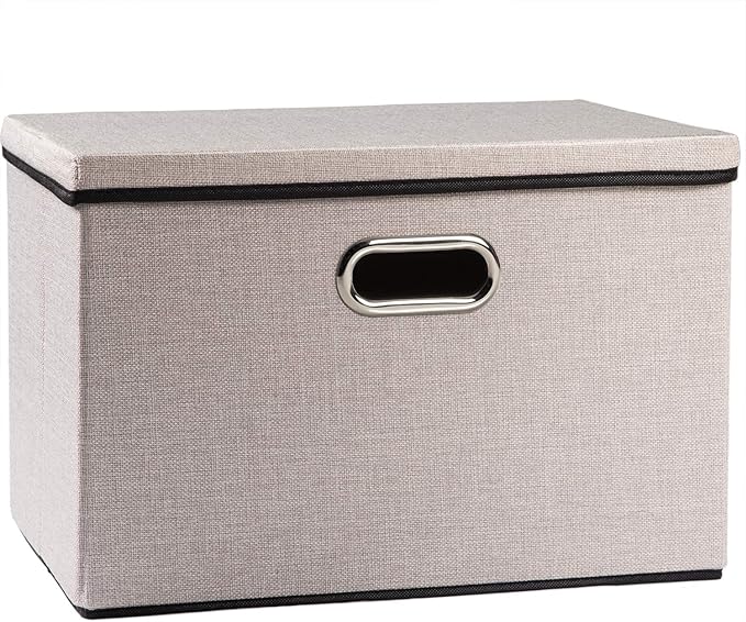 Large Foldable Storage Bin with Lid [1-Pack] Linen Fabric Decorative Storage Box Organizer Container Basket Cube with Handles Divider for Closet Office Living Room Light Grey(17.7x11.8x11.8) by Prandom
