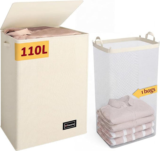110L Laundry Hamper with Lid, Reinforced Sturdy Large Laundry Hamper with Handle and Lid, Collapsible Clothes Basket Organizer with Removable Liner Bag, Tall Dirty Clothes Bin for Dorm Bedroom by Vincona