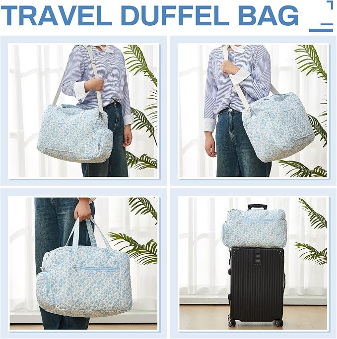 Abbylike Hospital Bag for Women, Quilted Weekender Duffle Bag,Blue Floral - Image 5