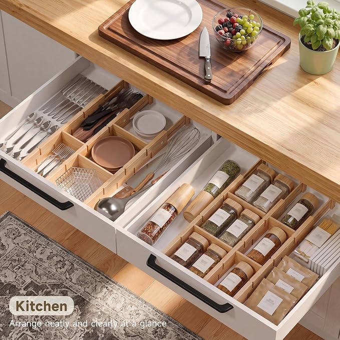 Bamboo Drawer Dividers, Expandable Kitchen Drawer Organizer | Include 6 Dividers, 6 Small Inserts and 6 Medium Inserts for Home, Office, Dressers - Image 4