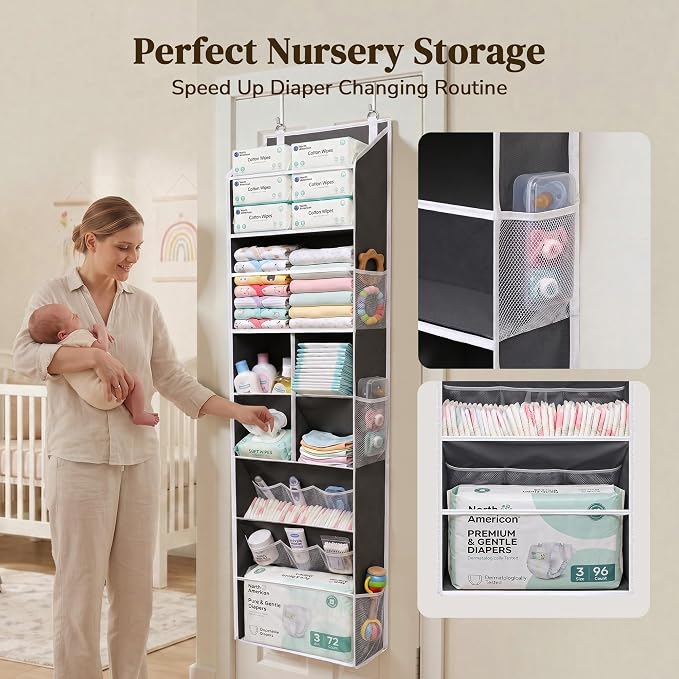6-in-1 Over Door Hanging Organizer with 12 Mesh Pockets, 44 lbs Capacity, Deep Gray – Versatile Behind Door Storage for Baby Nursery, Newborn - Image 4
