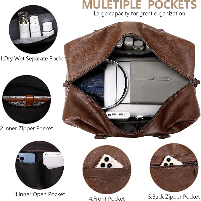 4-in-1 Waterproof Faux Leather Overnight Travel Bag for Women Men | Hospital Gym Weekender Bag Carry On Personal Item Travel Duffel Bags with Shoe Compartment Toiletry Bag Fit 21" Laptop - Image 4