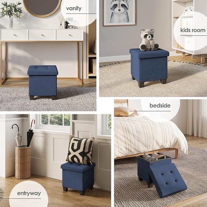 Storage Ottoman Cube with Small Bin, 15-in Square Ottoman with Storage for Living Room and Bedroom, Small Ottomans Foot Rest, Fabric Foot Stools Ottomans Max 330lbs, Blue - Image 5