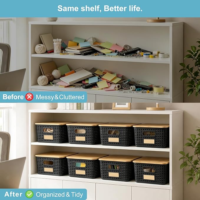 Small Plastic Storage Bins with Bamboo Lids 5.2qt Stackable Box Basket Pantry Decorative Containers Cute with Lable for Organizing Desktop Closet Office Black of 6 packs 10 * 7.2 * 4.1" - Image 7