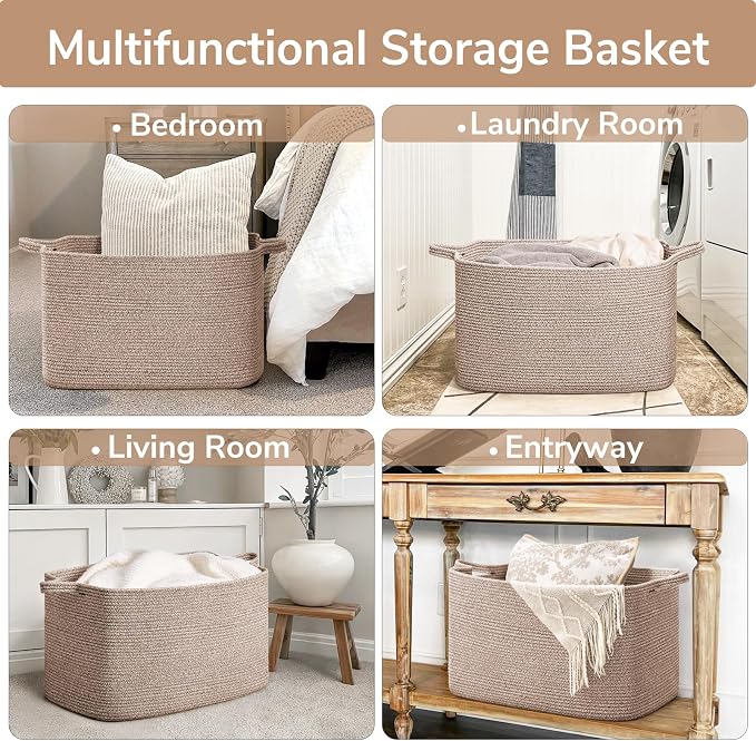 Goodpick 85L Large Woven Rope Blanket Basket, Rectangle, Brown | 23.6'' x 15.7'' x 13.8'' Storage Basket for Blankets, Toys & Clothes, Living Room & Bedroom Organization, Reinforced Handles - Image 4