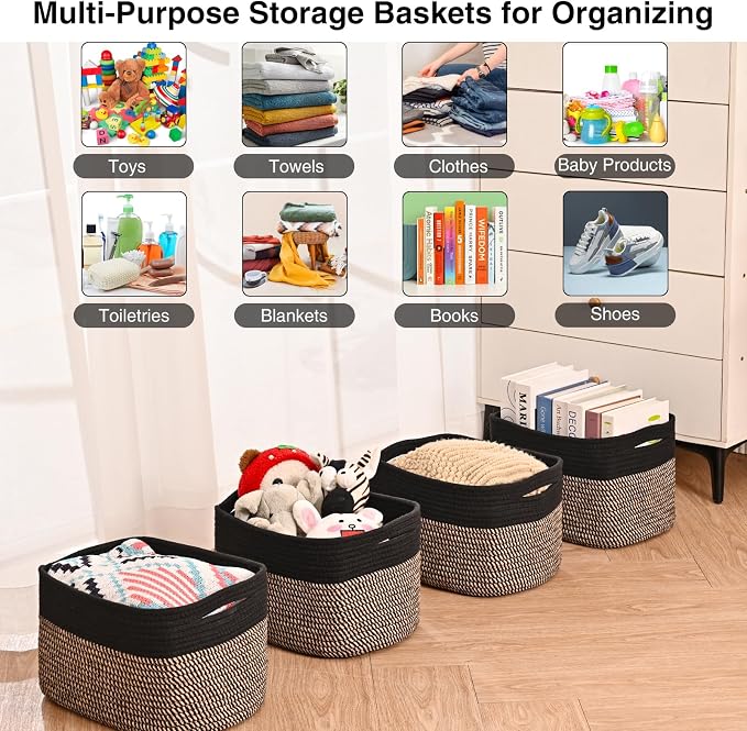 Small Storage Baskets for Organizing Shelves, Cotton Rope Basket for Storage, Cute Rectangular Book Toy Basket, 12.7"×9.1"×7.9", 4 Packs, Black & Jute - Image 5