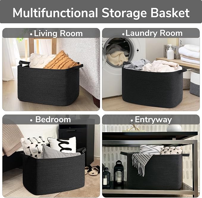 Goodpick 85L Large Woven Rope Blanket Basket, Rectangle, Black | 23.6'' x 15.7'' x 13.8'' Storage Basket for Blankets, Pillows & Toys, Living Room & Bedroom Organization, Reinforced Handles - Image 4
