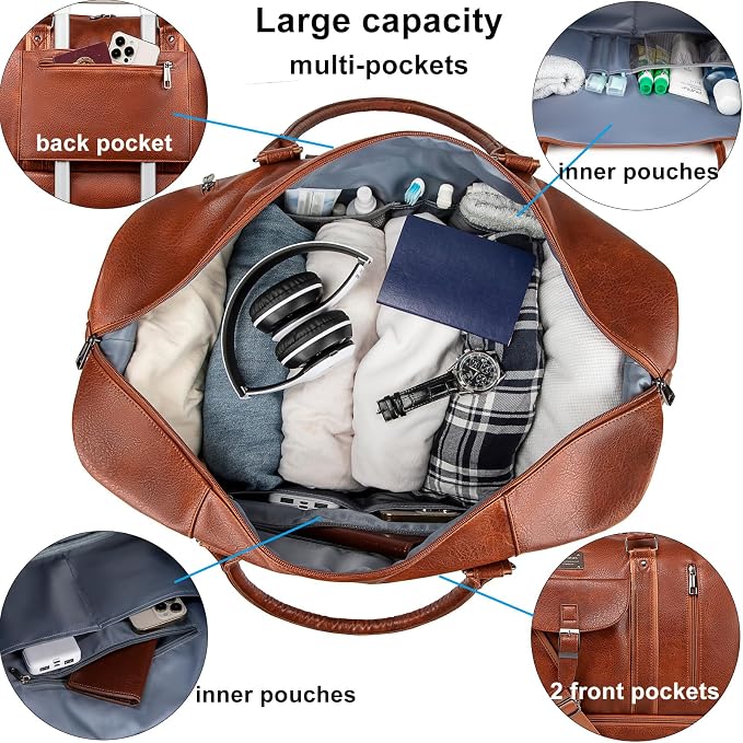 weiatas Faux Leather Travel Duffel Bag for Women Men, Large Weekender Overnight Bag with Shoes Compartment, Waterproof Carry On Bag Travel Tote Bag Gym Bag with Luggage Strap (Brown) - Image 2