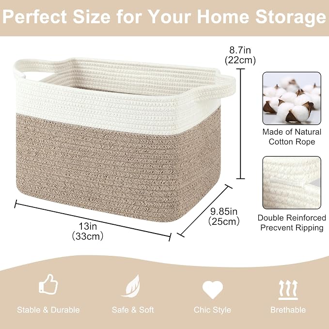 OIASKET Storage Baskets for Organizing, Woven Baskets for Shelves, Rectangle Decorative Organizer for Storage Clothes, Toy, Books, Towels Nursery Bins 3 Pack (Brown & White, 13"x9.85"x8.7") - Image 2