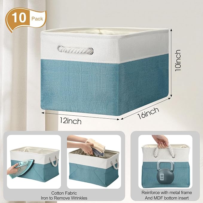 FoldTier 10 Pack Large Collapsible Fabric Storage Baskets with Handles Decorative Storage Bins for Organizing Shelves Toys Clothes(White & Blue,16 x 12 x 10 Inches) - Image 2