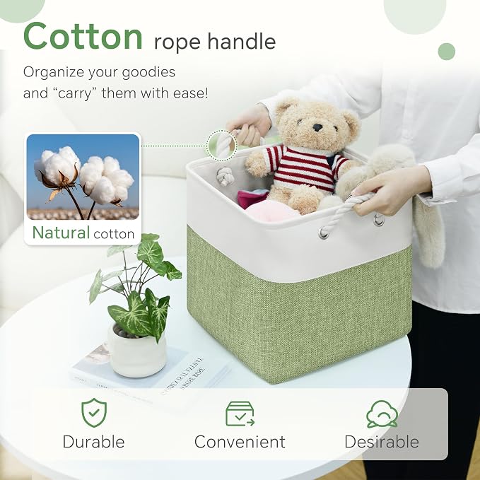 FinishingBo 11 inch Cube Storage Bin with Handles 6 Pack | Foldable Basket, Fabric Storage Bins, Closet Storage, Home Organizer (White/ Green) - Image 8