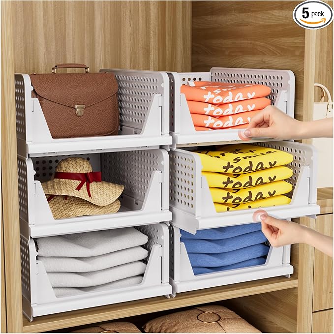 CTSNSLH 5 Pack Closet Organizers Stackable Storage Box | White Stackable Plastic Drawer Bins for Closets, Wardrobes, Kitchens, Bathrooms, Offices by CTSNSLH