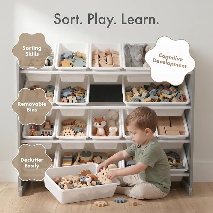 Humble Crew Kids Toy Organizer with 16 Bins, 4 Tier Storage for Playroom | Sturdy wood and steel toddler shelf, removable BPA-free containers, wall anchor anti-tip safety kit for bedroom or classroom - Image 6