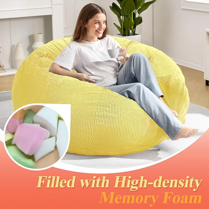 5FT Bean Bag Chair for Adults,Gaint Teardrop Beanbag with Filler | Beanbag Chair with Memory Foam Filled,Bean Bags with Handy Handle&Machine Washable Cover for Living Room,Bedroom-Yellow - Image 4
