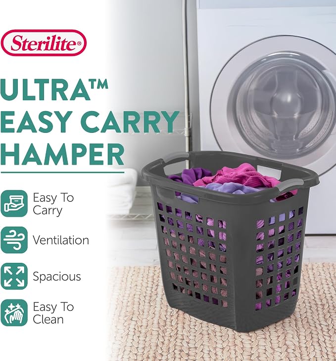 Sterilite Ultra Easy Carry Hamper, Laundry Basket Organizer, 4-Pack | 2.1 Bushel, Flat Gray - Large Plastic Clothes Storage Bin for Home, Dorm, Bathroom, Closet, and Bedroom Organization - Image 3