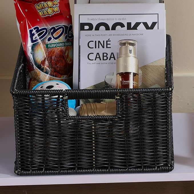 HOONEX Wicker Storage Baskets for Organizing, Decorative Woven Baskets for Storage with Carrying Handles, Set of 2, Black - Image 6