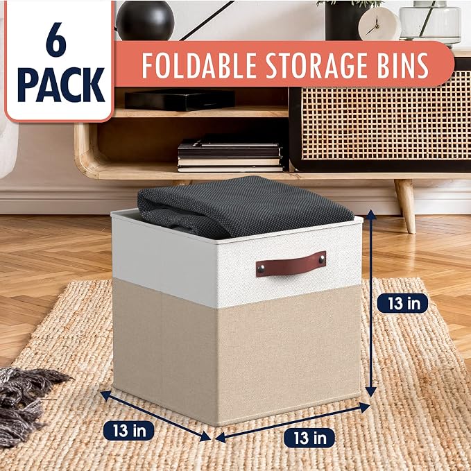 Ornavo Home 13x13 Foldable Fabric Storage Cube Bins, 6 Pack, White/Khaki | Collapsible Linen Shelf Basket Organizer; Leather Handles; Ideal Cube Storage For Closet - Image 6
