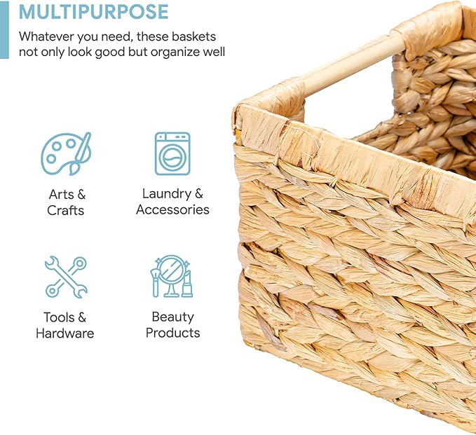 Natural Water Hyacinth storage basket with Handle, Rectangular Organizing Basket for Organizing, Decorative Wicker Storage Bins for Living Room, Medium Wicker Baskets - 3 Pack Medium - Image 2