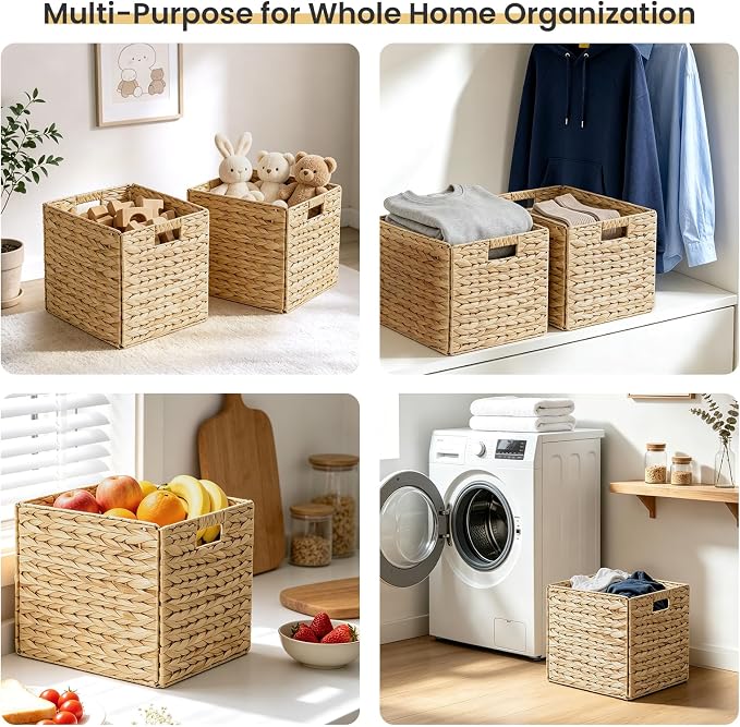 Rectangular Storage Baskets 13x11in, 4 Pack Water Hyacinth Wicker Bins with Handles, Foldable Natural Organizer for Shelves Kitchen Closet, Handwoven Storage Cubes - Image 5