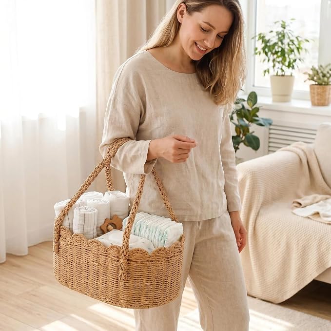 Woven Diaper Caddy for Baby, Paper Rope Storage Bin with Removable Divider, Baby Stuff Organizer for Nursery, Portable Car Storage Basket for Diapers, Baby Shower Gifts, Newborn Essentials Must Haves - Image 2