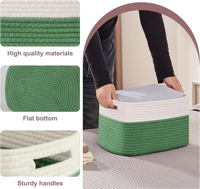 OIAHOMY 4 Pack Storage Basket, 13"x9"x7.8" Cotton Rope Baskets for Shelves, Closet Organizer for Bedroom & Living Room, Soft Decorative Bins for Organizing Towels, Books & Toys, Olive Green & White - Image 3