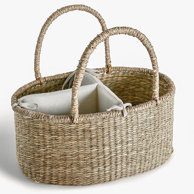 Premium Wicker Baby Diaper Caddy Organizer, Woven Seagrass Basket with Handles, Diaper Basket with Dividers (Seagrass) by Unknown