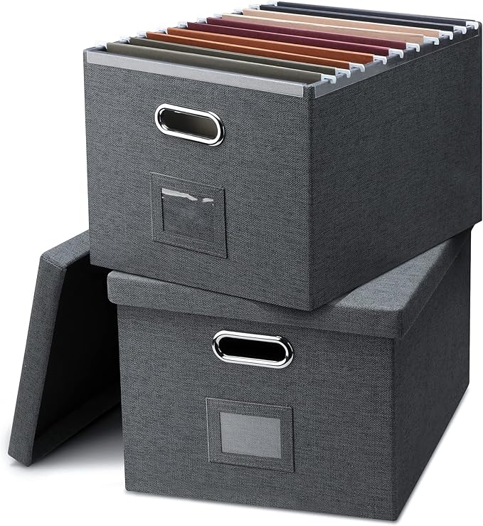 Storage Bins With Lids Office Organization File Folder Organizer Boxes | Dark Gray, 2 Pack, 15.1" * 12.2" * 10.04", Built-In Handle, Collapsible, Stackable, Dustproof, Linen Fabric, Cardboards by GraciadecoStorage