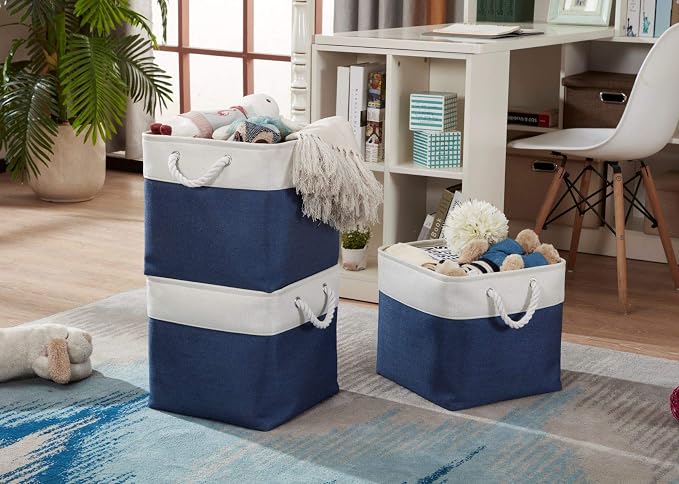 DECOMOMO Cube Storage Bin 13x13 with rope handles, Kallax Storage Cubes | 3 Pack, Fabric Storage Bins for Organizing Clothes, Toys, Books (Navy Blue & White) - Image 9