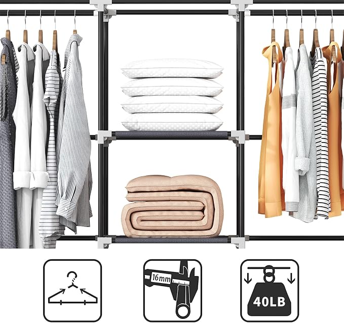 Portable Closet, Bedroom Wardrobe Closet for Hanging Clothes | 2 Hanging Rods, 8 Storage Organizer Shelves, Pipe Diameter 16mm, Durable and Easy to Assemble, Grey - Image 6