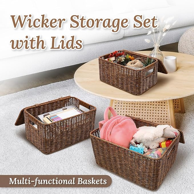 WeeNest Baskets with Handles, Wicker Storage, Shelf Boxes for Organizing, Stackable Woven Bins, Decorative Lidded Resin, Set of 3, Toffee - Image 3