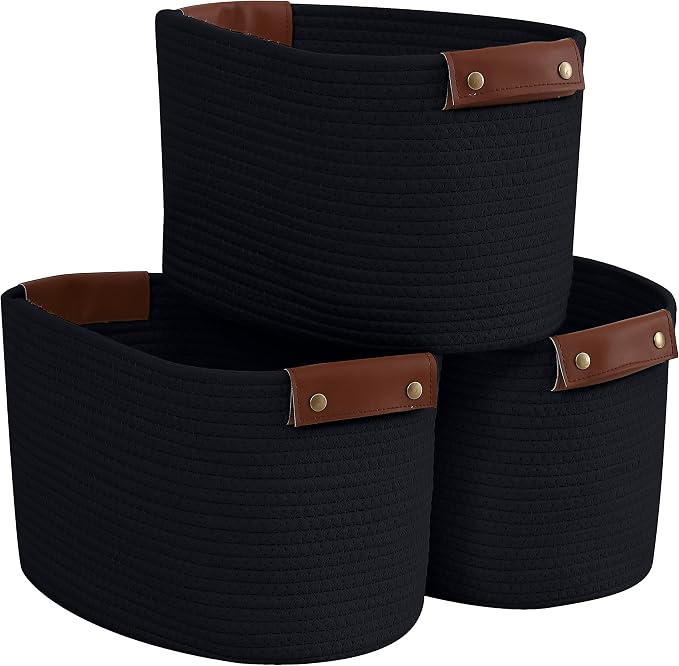 3 Pack Woven Cotton Rope Storage Basket, 15x10x9, Black | Faux Leather Handles; Decorative Closet Shelf Organizer; Ideal for Storage & Organization by Organizix