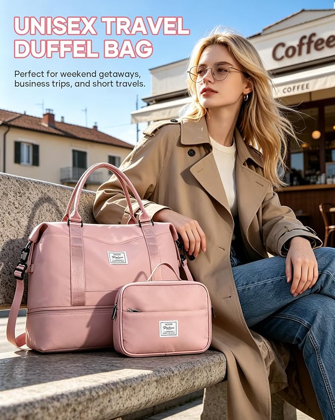 Travel Duffel Weekender Bag Women Tote Carry On Bags With Shoe Compartment | 18x14x8 inches Travel Overnight Bags with Trolley Sleeve for Airplanes Waterproof Sport Tote Gym with Toiletry Bag Pink - Image 9