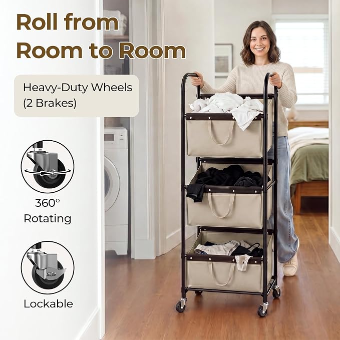 GRANNY SAYS 3 Tiered Laundry Sorter, Narrow Hamper Cart with Wheels | Sturdy 3 Section Laundry Basket with Wheels, Vertical Light Kahki Hamper Cart for Bedroom, Bathroom, Apartment - Image 5