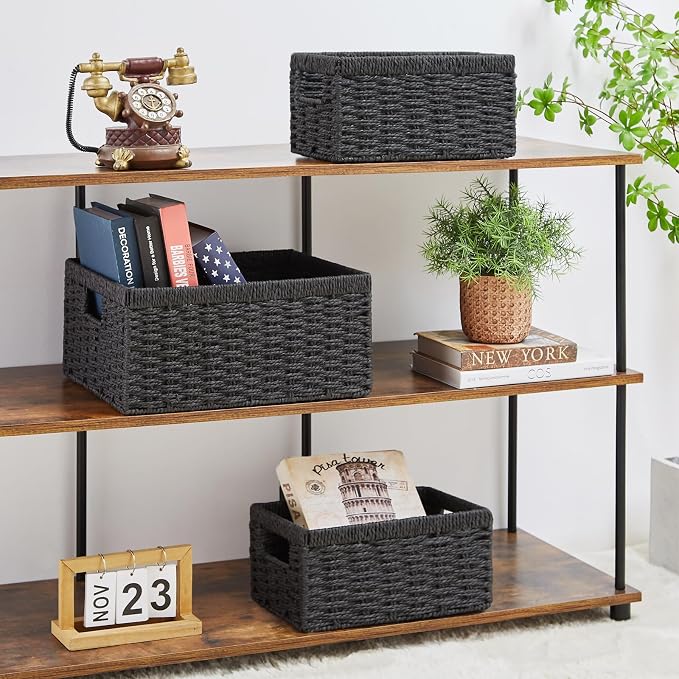 Wicker Storage Basket, Set of 3 Wicker Basket, Hand-Woven Paper Rope Storage Baskets for Organizing, Large Cube Storage Organizer Bins Baskets for Shelves Small Toilet Paper Baskets, Black - Image 3
