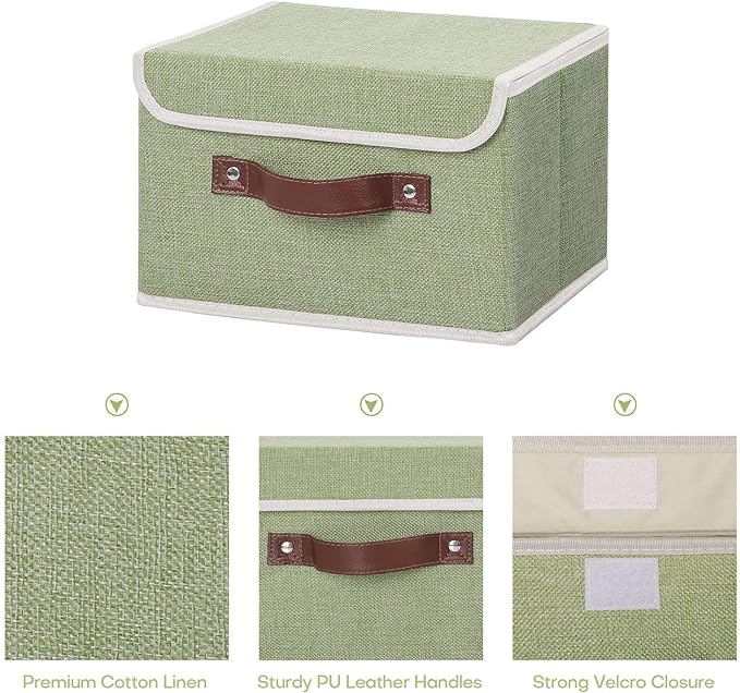 ANMINY Fabric Storage Box Bins with Lids, Green, 10"x8"x7", 2 Pack | Keepsake Memory Storage, Cotton Linen, PP Board Reinforced, Washable, PU Handles, Foldable & Stackable, Decorative, Small - Image 3