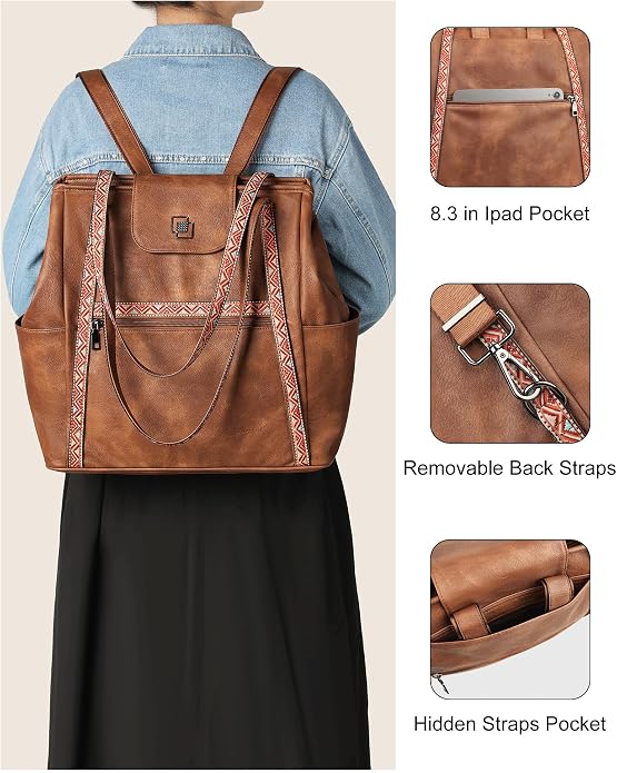 Large Laptop Tote Bag for Women Designer Leather Laptop Bag, 15.6in | Fashion Travel Backpack Purse Shoulder Handbag Fits 15.6 Laptop, Daily, Work, Business Trip, Weekend Travel, Teacher - Image 6