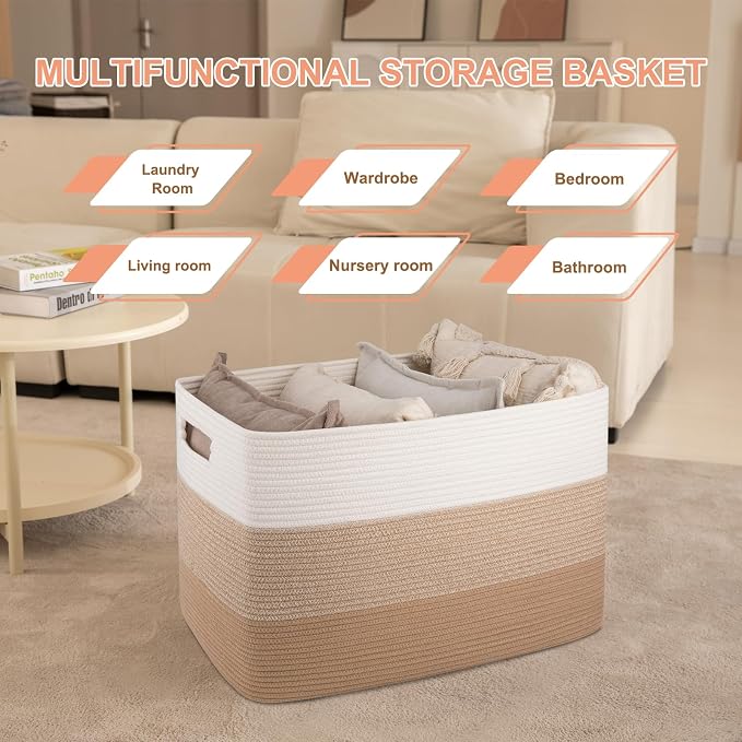 OIAHOMY 108L Extra Large Blanket Basket Dog Toy Basket Light Brown | Rectangle Woven Baskets for Storage Cotton Rope Basket For Living Room Toy Storage Blanket Storage Laundry Basket - Image 6