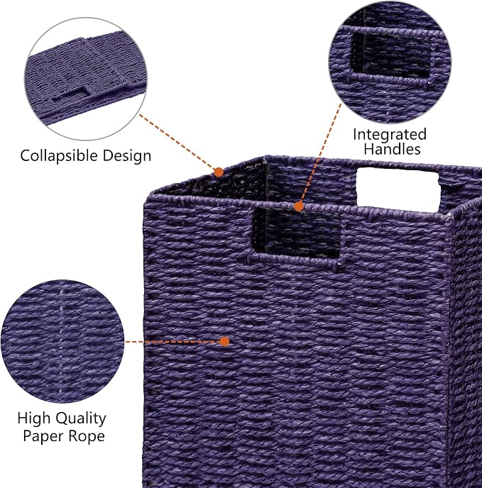 Wicker Storage Basket, Set of 2 Hand-Woven Paper Rope Wicker Basket, Foldable Cube Storage Bins, 9 inch Square Storage Baskets for Organizing Shelves & Decor, Purple (9″×9″×9″) - Image 2