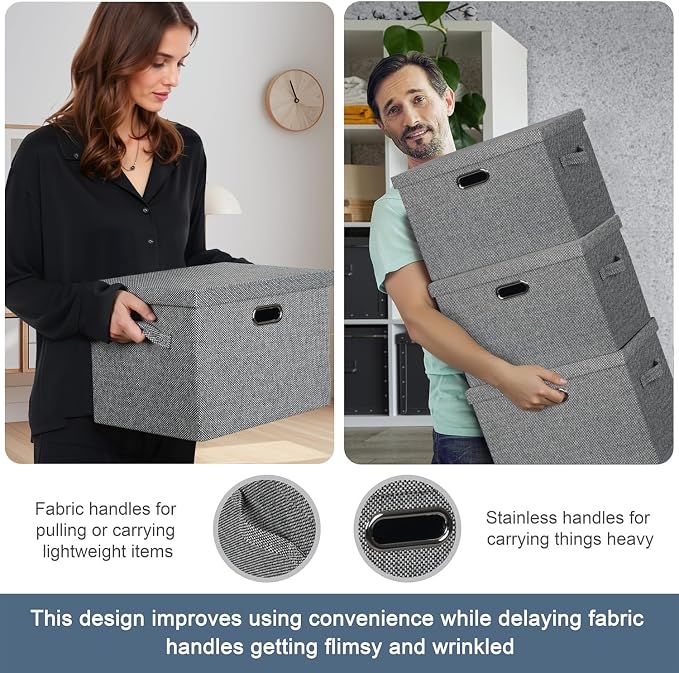 Storage Bins with Lids Fabric Closet Organizers Cubes Office Organization | 36 Quart 3 Pack Black and White Mix Collapsible Stackable Linen Fabric 4 Handles Bedroom Closet Cabinet Under Bed Clothes Toy - Image 5