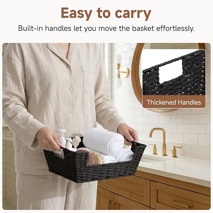 StorageWorks Pantry Baskets for Shelves, Snack Baskets, Black Paper Rope | Pantry Baskets for Patato and Onion Storage, Stackable Wicker Basket Organizer for Shelf, Woven Basket for Storage, 2-Pack - Image 3