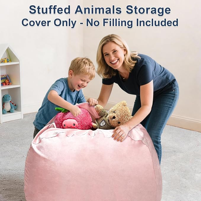 Lukeight Stuffed Animal Storage Bean Bag Chair Cover for Kids, Velvet Plush Toy Organizer Seat, Cover Only, No Filling Included, Long YKK Zipper, Side Pocket, X-Large 30"D x 18"H - Image 4