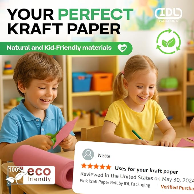 12" x 1200" (100 feet) Pink Kraft Paper Roll - USA-Made Quality Craft Paper for Gift Wrapping, Kids' Arts & Crafts, School Projects - 100% Recycled Natural Material 50lb Thickness by IDL Packaging - Image 5